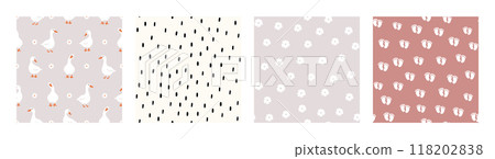 Bohemian Baby pattern. Set of Boho print for kids with gooses, flowers, small dashes and footprints. Gender Neutral Nursery Cute Ornaments. Vector illustration in flat cartoon style 118202838