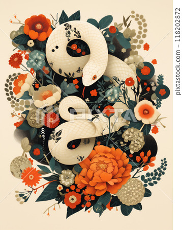 New Year's material, no text, white snake and flowers 118202872