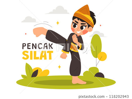Pencak Silat Sport Vector Illustration featuring Martial Artists Posing in Traditional Indonesian Fighting Stances, in a Flat Style Cartoon Background Pencak Silat Sport Vector Illustration featuring Martial Artists Posing in Traditional Indonesian Fighting Stances, in a Flat Style Cartoon Background 118202943