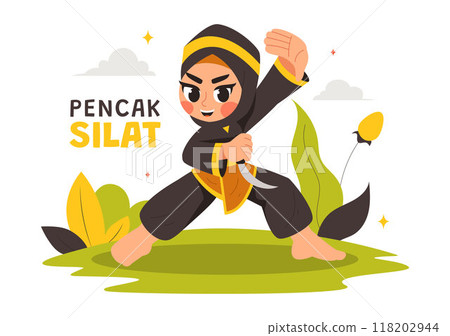 Pencak Silat Sport Vector Illustration featuring Martial Artists Posing in Traditional Indonesian Fighting Stances, in a Flat Style Cartoon Background Pencak Silat Sport Vector Illustration featuring Martial Artists Posing in Traditional Indonesian Fighting Stances, in a Flat Style Cartoon Background 118202944