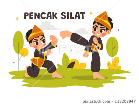 Pencak Silat Sport Vector Illustration featuring Martial Artists Posing in Traditional Indonesian Fighting Stances, in a Flat Style Cartoon Background Pencak Silat Sport Vector Illustration featuring Martial Artists Posing in Traditional Indonesian Fighting Stances, in a Flat Style Cartoon Background 118202947