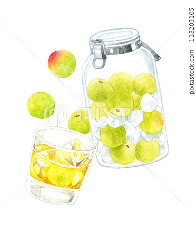 梅糖漿玻璃容器和梅酒/梅汁手繪水彩插畫素材 梅糖漿玻璃容器和梅酒/梅汁手繪水彩插畫素材 118203105