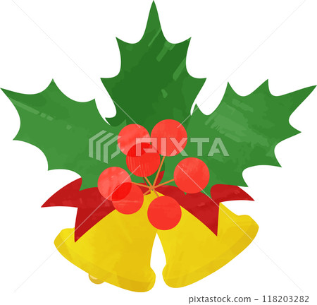 Christmas bells and holly watercolor hand drawn illustration 118203282