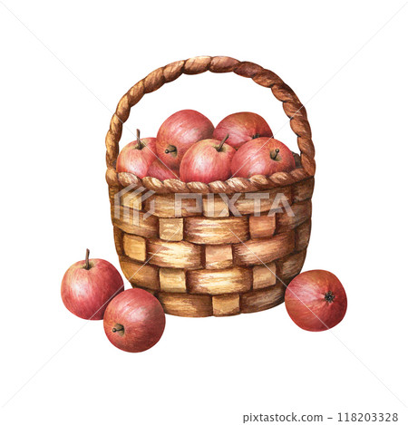 Watercolor wicker basket filled with red apple fruits. Hand drawn watercolor illustration isolated on white background. For clip art cards invitation label package 118203328