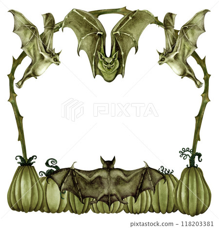 Green Halloween frame with pumpkins, thorny branches, attacking and flying bats. Monochrome watercolor illustration template for invitations, menus, advertising, cards, postcards for Halloween holiday Green Halloween frame with pumpkins, thorny branches, attacking and flying bats. Monochrome watercolor illustration template for invitations, menus, advertising, cards, postcards for Halloween holiday 118203381