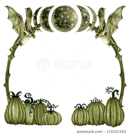 Monochrome green Halloween frame with pumpkins, thorny branches, moon, crescent moon, bats. Watercolor illustration template for invitations, menus, advertising, cards, postcards for Halloween holiday 118203383
