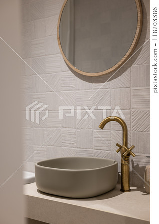 A Stylish Bathroom Sink Featuring a Modern Design That Boasts an Elegant Finish, Perfectly Crafted A Stylish Bathroom Sink Featuring a Modern Design That Boasts an Elegant Finish, Perfectly Crafted 118203386