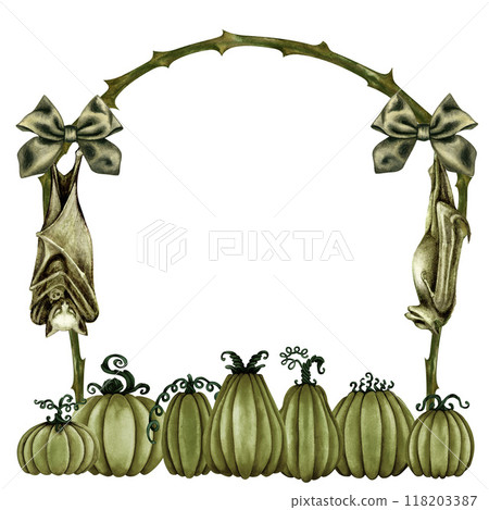 Monochrome green Halloween frame with pumpkins, thorny branches, sleeping bats, bows. Watercolor illustration template for invitations, menus, advertising, cards, postcards for Halloween holiday Monochrome green Halloween frame with pumpkins, thorny branches, sleeping bats, bows. Watercolor illustration template for invitations, menus, advertising, cards, postcards for Halloween holiday 118203387