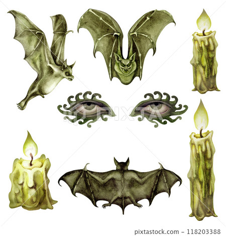 Monochrome green Halloween set with bats, candles and eyes. watercolor illustration template for invitations, menus, advertising, cards, postcards for Halloween holiday Monochrome green Halloween set with bats, candles and eyes. watercolor illustration template for invitations, menus, advertising, cards, postcards for Halloween holiday 118203388
