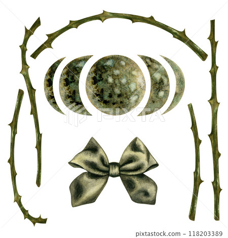 Monochrome green Halloween set with thorny branches, moon, crescent moon, bow. Watercolor illustration template for invitations, menus, advertising, cards, postcards for Halloween holiday Monochrome green Halloween set with thorny branches, moon, crescent moon, bow. Watercolor illustration template for invitations, menus, advertising, cards, postcards for Halloween holiday 118203389