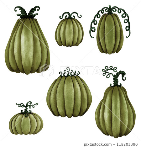 Monochrome green Halloween set with six large pumpkins. Watercolor illustration template for invitations, scrapbook, wallpaper, menus, advertising, cards, postcards for Halloween holiday Monochrome green Halloween set with six large pumpkins. Watercolor illustration template for invitations, scrapbook, wallpaper, menus, advertising, cards, postcards for Halloween holiday 118203390