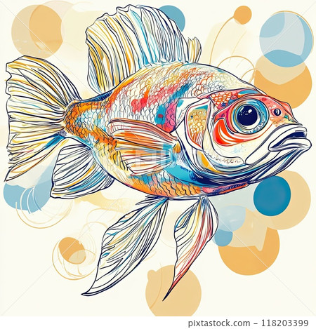 The artwork features a detailed representation of a goldfish highlighted by bold colors, set against a backdrop of soft, abstract shapes that enhance its beauty. The artwork features a detailed representation of a goldfish highlighted by bold colors, set against a backdrop of soft, abstract shapes that enhance its beauty. 118203399