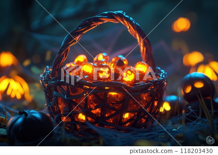 A basket of candy is on a table with a skull and spider web with Generative AI A basket of candy is on a table with a skull and spider web with Generative AI 118203430