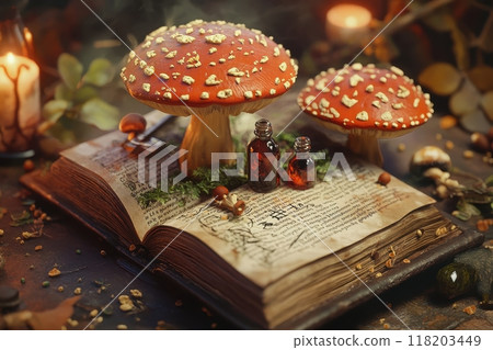 A book with two red mushrooms on top of it with Generative AI 118203449