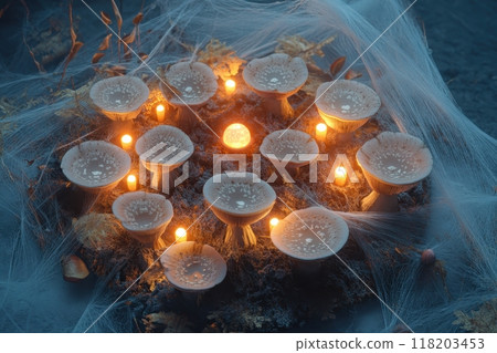 A group of glowing mushrooms are arranged in a circle with Generative AI A group of glowing mushrooms are arranged in a circle with Generative AI 118203453
