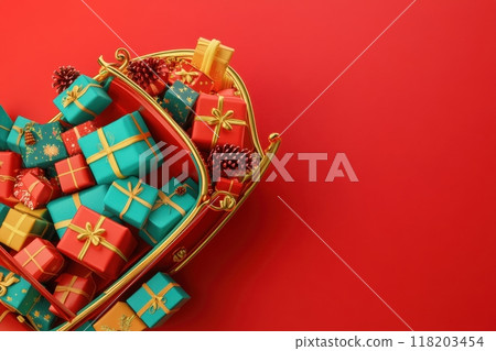 A red background with a large pile of presents in a red box with Generative AI 118203454