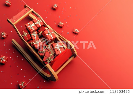 A red sleigh filled with presents is shown on a background with Generative AI 118203455