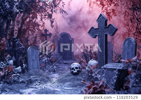 A graveyard with a cross and a few graves with Generative AI 118203529