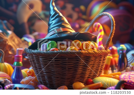 basket full of candy and a black hat on top of it with Generative AI 118203530