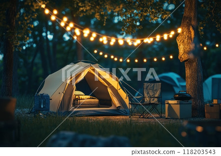 A tent is set up in a forest with a bed inside and a chair outside with Generative AI A tent is set up in a forest with a bed inside and a chair outside with Generative AI 118203543