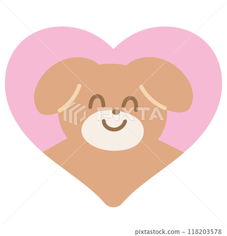 Smiling puppy and pink heart for Valentine, adopt pet, rescue animal, pet shop, cartoon character, mascot, souvenir shop, cute patch, brooch, shirt print, dog doll, kid toy, sticker, love sign, comic 118203578