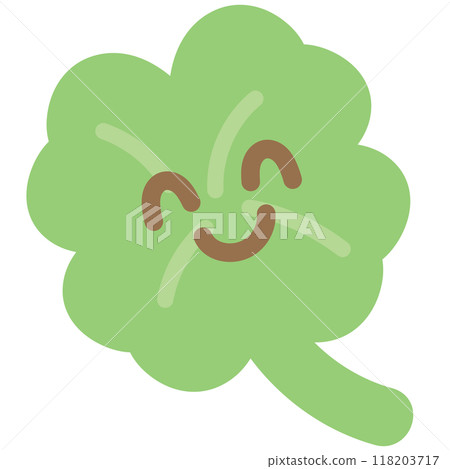 Illustration of green clover leaf for cartoon character, comic, mascot, lucky icon, logo design, cute patches, print, brooch, pin, fashion, accessory, merchandise, mockup, sticker, happy emoji, charm 118203717