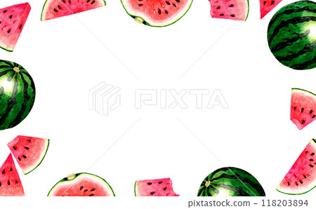 Frame of watermelon with red flesh. Hand-drawn watercolor illustration background material of vegetables and fruits 118203894