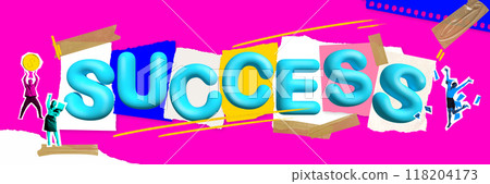 Word SUCCESS shining bright letters as people celebrate, lifting symbols of achievement. Vibrant design emphasizing energetic growth and prosperity. Contemporary art Word SUCCESS shining bright letters as people celebrate, lifting symbols of achievement. Vibrant design emphasizing energetic growth and prosperity. Contemporary art 118204173