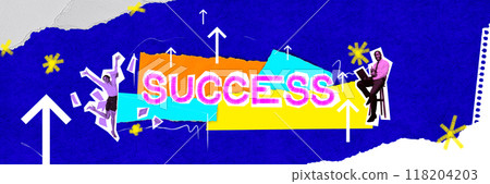Success in vibrant colors, with joyful people and upward arrows emphasizing dynamic growth, ambition, and victorious journey. Contemporary art collage. Success in vibrant colors, with joyful people and upward arrows emphasizing dynamic growth, ambition, and victorious journey. Contemporary art collage. 118204203