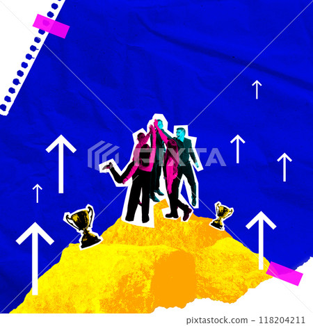 Group of people high-fiving on top of bright peak, with trophies surrounding them. Arrows pointing up symbolizing teamwork and shared success. Contemporary art collage. Group of people high-fiving on top of bright peak, with trophies surrounding them. Arrows pointing up symbolizing teamwork and shared success. Contemporary art collage. 118204211