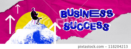 Business Success in bold letters with person seating confidently at peak of mountain, symbolizing achievement and progress. Contemporary art collage. Business Success in bold letters with person seating confidently at peak of mountain, symbolizing achievement and progress. Contemporary art collage. 118204213