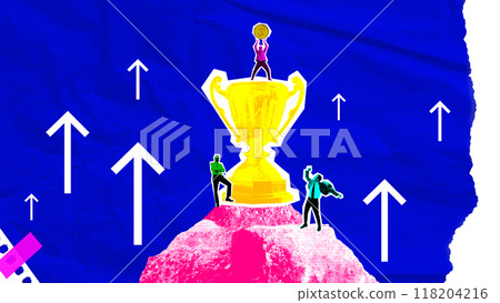 Massive golden trophy on podium, with people climbing to reach it. Upward arrows signify the journey to success and overcoming obstacles. Contemporary art collage. 118204216