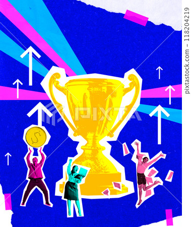 Giant trophy with excited people celebrating successful project. Arrows pointing up symbolizing financial growth and professional triumph in colorful, dynamic setting. Contemporary art collage. Giant trophy with excited people celebrating successful project. Arrows pointing up symbolizing financial growth and professional triumph in colorful, dynamic setting. Contemporary art collage. 118204219