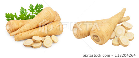 Parsnip root and slices isolated on white background closeup 118204264