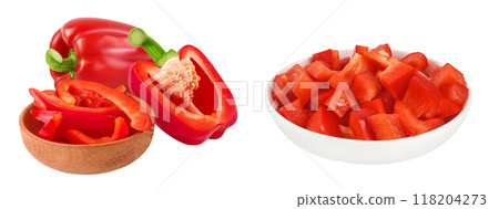 slices of red sweet bell pepper in wooden and ceramic bowl isolated on white background with full depth of field 118204273