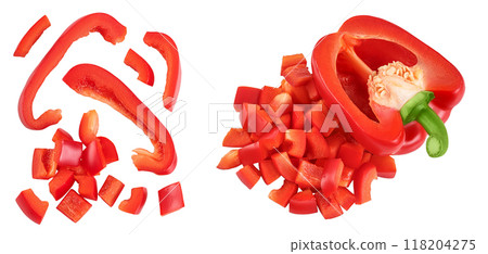 slices of red sweet bell pepper isolated on white background. Top view with copy space for your text. Flat lay 118204275