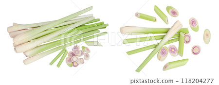 Fresh Lemongrass isolated on white background . Top view. Flat lay Fresh Lemongrass isolated on white background . Top view. Flat lay 118204277