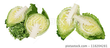 Savoy cabbage half isolated on white background with full depth of field. Top view. Flat lay Savoy cabbage half isolated on white background with full depth of field. Top view. Flat lay 118204281