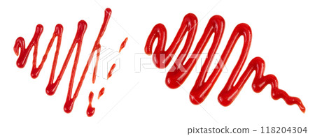Red tomato sauce or ketchup isolated on white background . Top view. Flat lay Red tomato sauce or ketchup isolated on white background . Top view. Flat lay 118204304