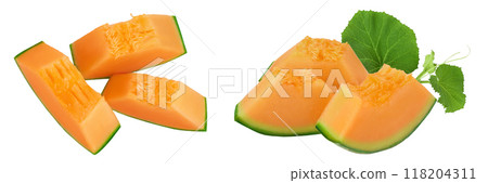 Cantaloupe melon slices isolated on white background with full depth of field. Top view. Flat lay Cantaloupe melon slices isolated on white background with full depth of field. Top view. Flat lay 118204311