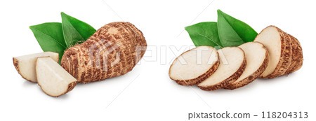 fresh taro root with slices and leaf isolated on white background fresh taro root with slices and leaf isolated on white background 118204313