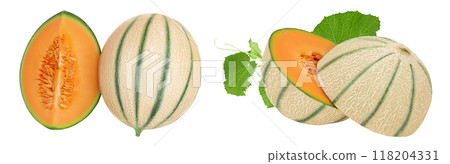 Cantaloupe melon isolated on white background with full depth of field. Top view. Flat lay Cantaloupe melon isolated on white background with full depth of field. Top view. Flat lay 118204331