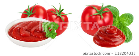 Red tomato sauce or ketchup in ceramic bowl isolated on white background . Top view. Flat lay 118204335