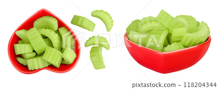 fresh celery in ceramic bowl isolated on white background. Top view. Flat lay 118204344