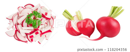 Radish slices isolated on white background. Top view. Flat lay Radish slices isolated on white background. Top view. Flat lay 118204356