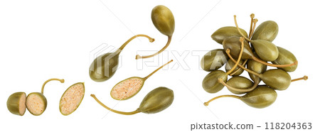 Capers isolated on white background. Pickled or canned capers. Top view with copy space for your text. Flat lay Capers isolated on white background. Pickled or canned capers. Top view with copy space for your text. Flat lay 118204363