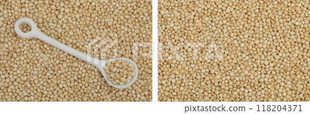 background of sorghum seeds with ceramic spoon. Top view. Flat lay. background of sorghum seeds with ceramic spoon. Top view. Flat lay. 118204371