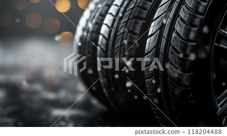 Four black car tires on black background with empty copy space for advertisements. Generative AI 118204488