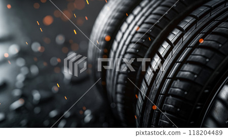Four black car tires on black background with empty copy space for advertisements. Generative AI 118204489