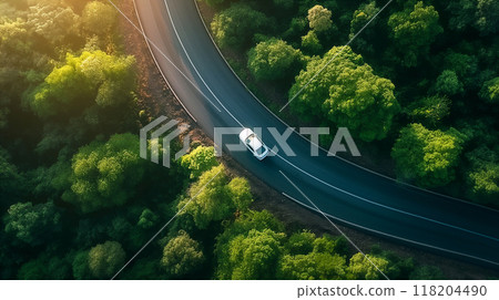 A car driving on a winding forest road surrounded by green trees on a sunny day. Generative AI 118204490
